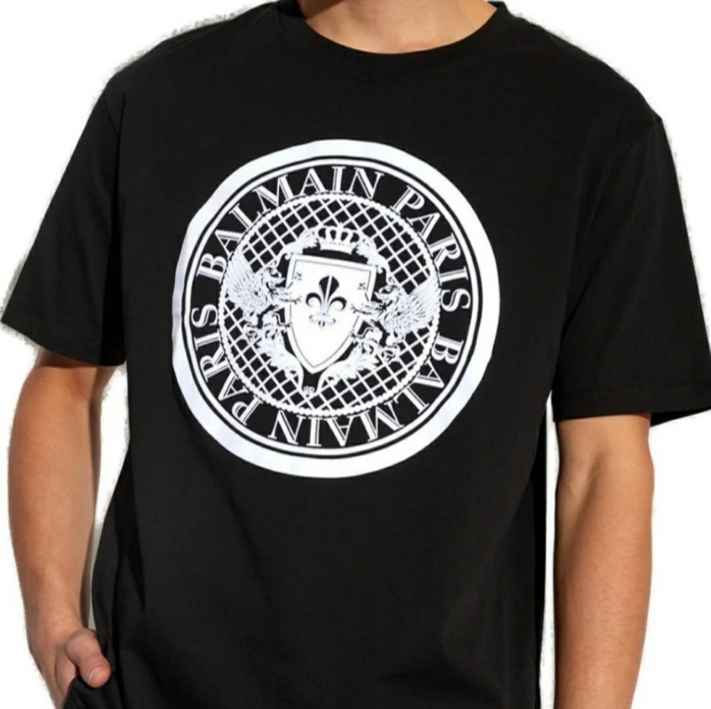 Balmain Flocked Coin T-Shirt. Large black and white shirt